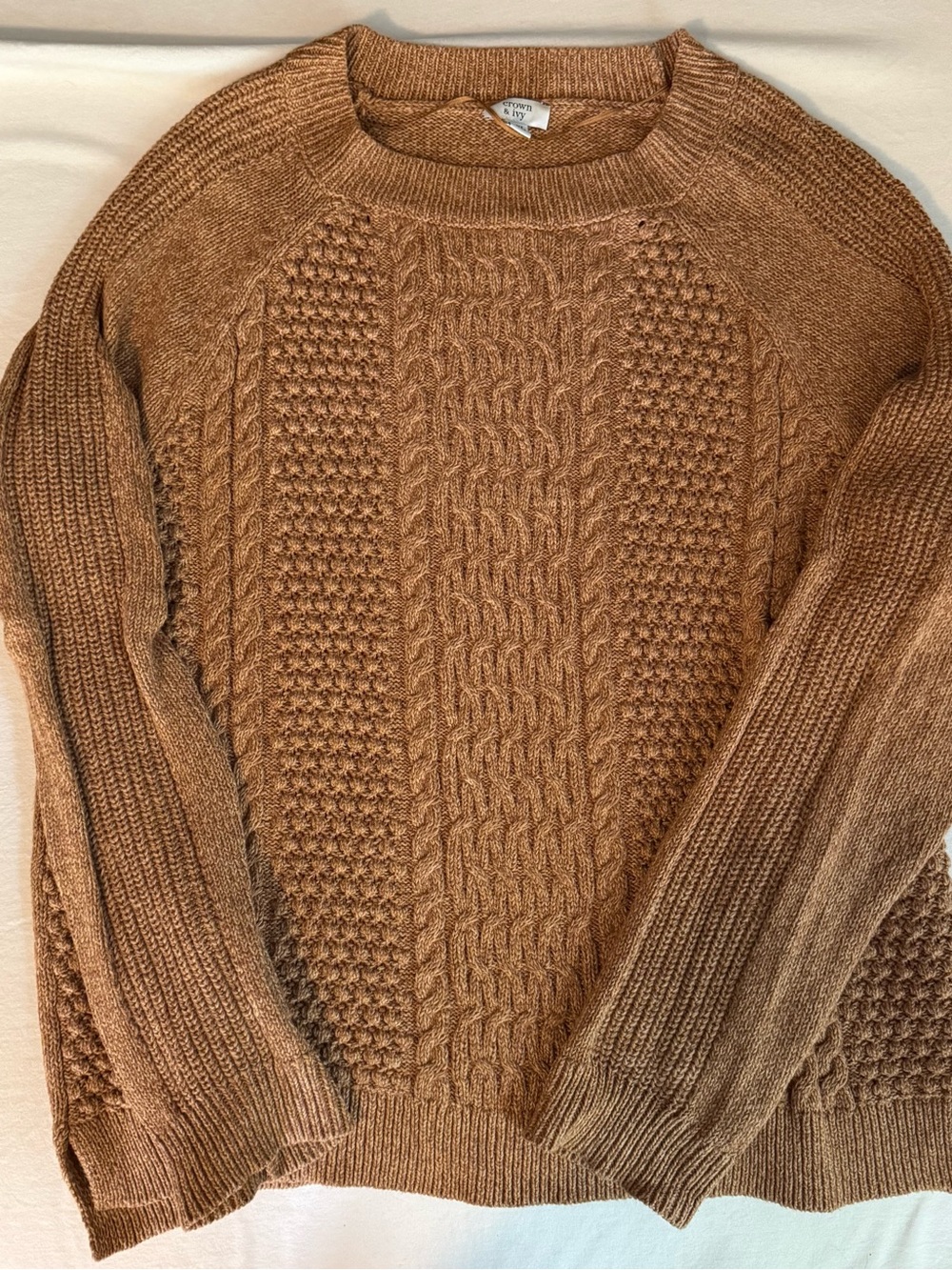crown & ivy Women’s Cable Crewneck Sweater - Brown